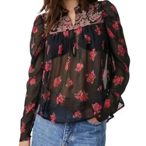 Free People Patricia Floral Embroidered Sheer Blouse in Night Sky Size XS New